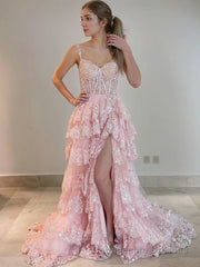 A-Line/Princess Straps Court Train Tulle Prom Dresses With Leg Slit