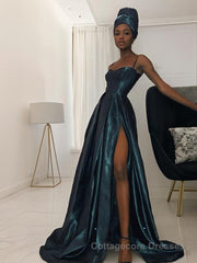 A-Line/Princess Straps Sweep Train Silk like Satin Prom Dresses With Leg Slit