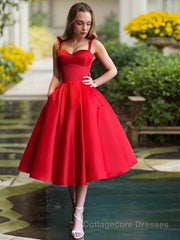 A-Line/Princess Straps Tea-Length Satin Homecoming Dresses