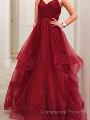 A-Line/Princess V-neck Floor-Length Net Prom Dresses