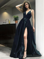 A-Line/Princess V-neck Floor-Length Satin Prom Dresses With Leg Slit