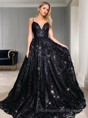 A-Line/Princess V-neck Floor-Length Sequins Prom Dresses