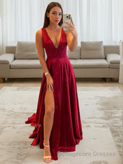 A-Line/Princess V-neck Sweep Train Elastic Woven Satin Evening Dresses With Leg Slit