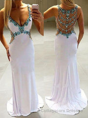 A-Line/Princess V-neck Sweep Train Jersey Prom Dresses With Rhinestone