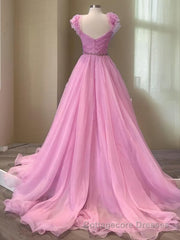 A-Line/Princess V-neck Sweep Train Organza Prom Dresses With Ruffles