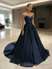 A-Line/Princess V-neck Sweep Train Satin Prom Dresses With Appliques Lace