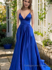 A-Line/Princess V-neck Sweep Train Satin Prom Dresses With Pockets