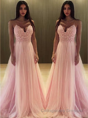 A-Line/Princess V-neck Sweep Train Tulle Prom Dresses