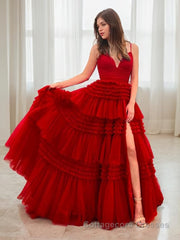 A-Line/Princess V-neck Sweep Train Tulle Prom Dresses With Leg Slit