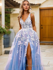 A-Line/Princess V-neck Sweep Train Tulle Prom Dresses With Leg Slit