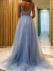 A-Line/Princess V-neck Sweep Train Tulle Prom Dresses With Leg Slit