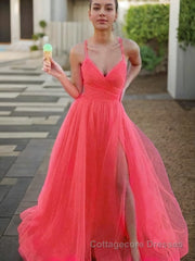 A-Line/Princess V-neck Sweep Train Tulle Prom Dresses With Leg Slit