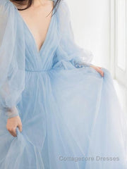 A-Line/Princess V-neck Sweep Train Tulle Prom Dresses With Ruffles