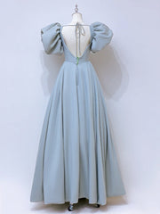 A-Line Puff sleeves Long Blue Prom Dresses, Square Neckline Blue Long Formal Dresses