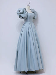 A-Line Puff sleeves Long Blue Prom Dresses, Square Neckline Blue Long Formal Dresses