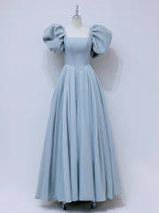 A-Line Puff sleeves Long Blue Prom Dresses, Square Neckline Blue Long Formal Dresses