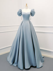 A-Line Puff Sleeves Satin Blue Long Prom Dresses, Blue Long Formal Dresses