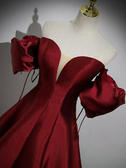 A-Line Puff Sleeves Satin Burgundy Long Prom Dresses, Burgundy Long Formal Dresses