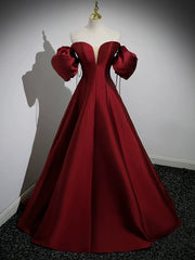 A-Line Puff Sleeves Satin Burgundy Long Prom Dresses, Burgundy Long Formal Dresses