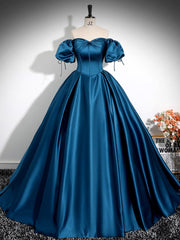 A-Line Puff Sleeves Satin Peacock Blue Long Prom Dresses, Peacock Blue Long Formal Dresses