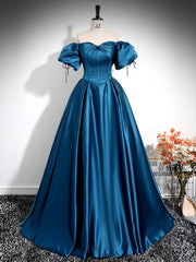 A-Line Puff Sleeves Satin Peacock Blue Long Prom Dresses, Peacock Blue Long Formal Dresses