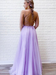 A Line Purple Backless Tulle Long Prom Dress