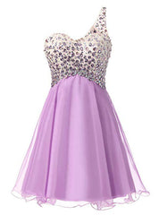 A-Line Purple Chiffon One Shoulder Homecoming Dresses With Crystal