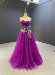 A-Line Purple Tulle Sweetheart Pleats Prom Dresses