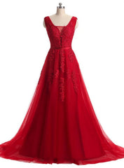 A-line Red Lace V-neck Backless Long Evening Dresses