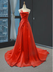 A-Line Red Satin Pleats Beading Backless Long Prom Dresses