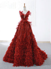 A-Line Red Sequins Feather V-neck Deep Backless Wedding Dresses