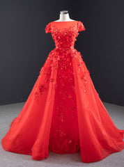 A-Line Red Tulle Appliques Cap Sleeve Prom Dresses With Removable Train