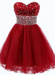 A-Line Red Tulle Sweetheart Homecoming Dresses With Crystal