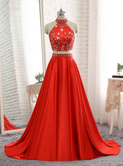 A-line Red Two Pieces Evening Dresses Soft Satin Prom Party Gown