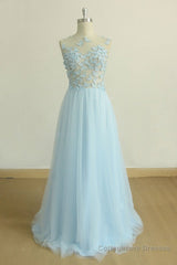 A Line Round Neck Baby Blue Lace Long Prom Dress with Butterfly, Baby Blue Lace Formal Graduation Evening Dress