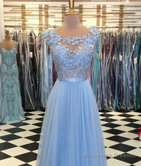 A Line Round Neck Blue Lace Appliques Tulle Long Prom Dresses, Blue Lace Graduation Dresses, Blue Evening Formal Dresses