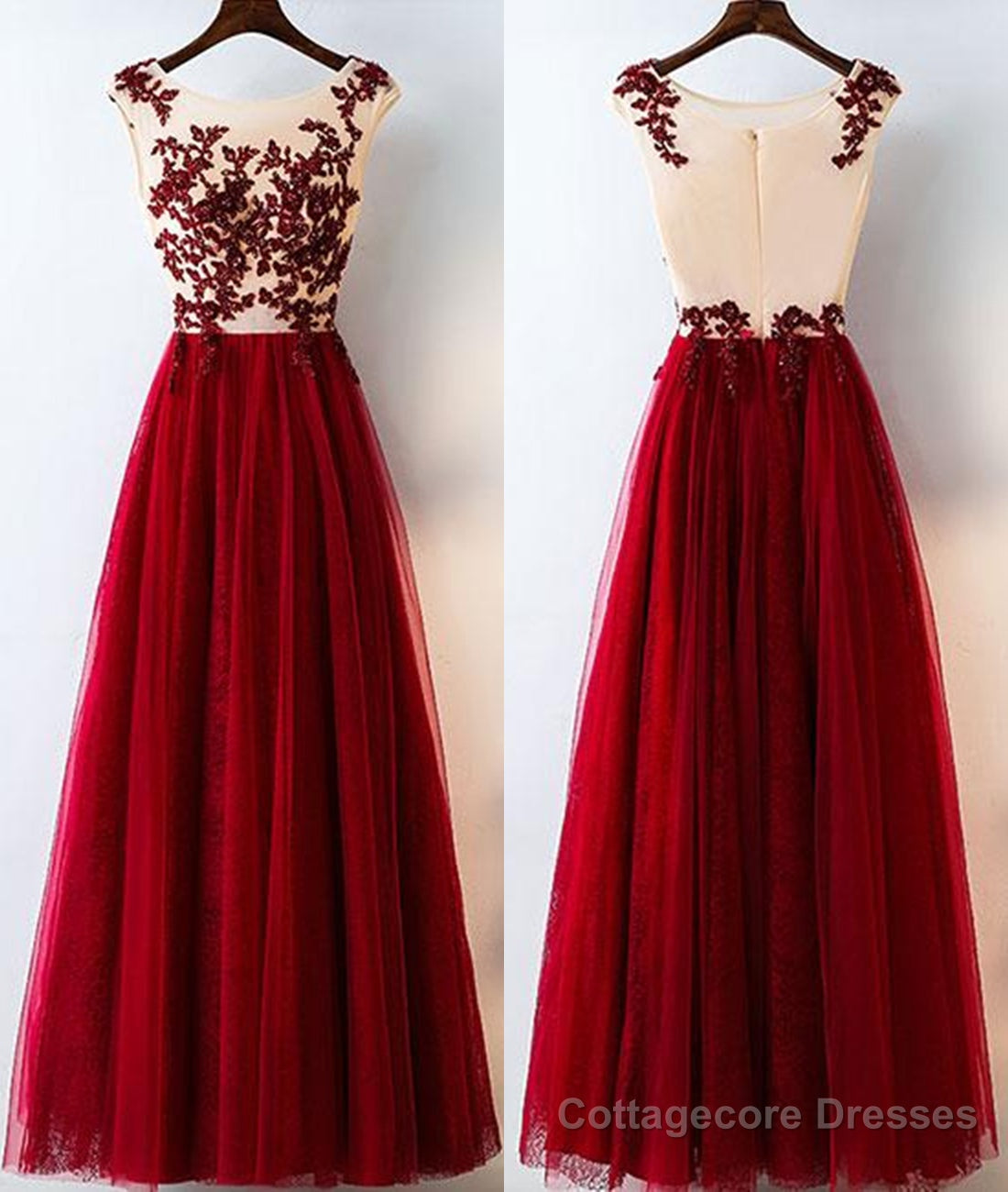 A Line Round Neck Burgundy Lace Tulle Long Prom Dress, Burgundy Lace Evening Dress, Burgundy Lace Graduation Dress