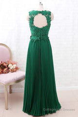 A Line Round Neck Green Lace Long Prom Dress Bridesmaid Dress, Open Back Lace Green Formal Dress, Green Lace Evening Dress