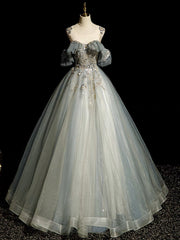 A-Line Round Neck Tulle Gray Blue Long Prom Dresses, Tulle Sequin Lace Long Evening Dresses