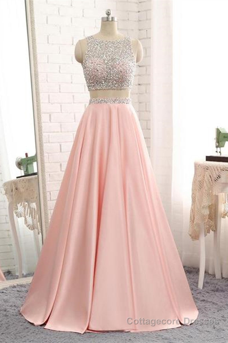 A Line Round Neck Two Pieces Beaded Pink Prom Dresses, Two Pieces Pink Formal Dresses, Pink Evening Dresses