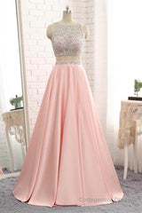 A Line Round Neck Two Pieces Beaded Pink Prom Dresses, Two Pieces Pink Formal Dresses, Pink Evening Dresses