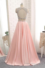 A Line Round Neck Two Pieces Beaded Pink Prom Dresses, Two Pieces Pink Formal Dresses, Pink Evening Dresses