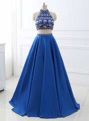 A-Line Royal Blue Satin Two Piece Halter Backless Prom Dresses With Crystal