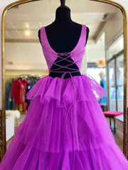 A Line Ruffles Purple Tulle Long Prom Dresses