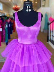 A Line Ruffles Purple Tulle Long Prom Dresses