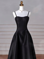 A-Line  Satin Black Long Prom Dresses, Black Long Evening Dresses