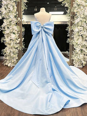 A-Line Satin Blue Long Prom Dresses, Blue Long Graduation Dresses