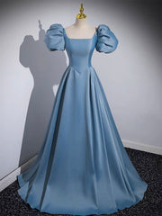 A-Line Satin Blue Long Prom Dress, Blue Satin Long Evening Dress