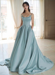 A-line Satin Blue Long Straps Evening Dress, Satin Long Prom Dress