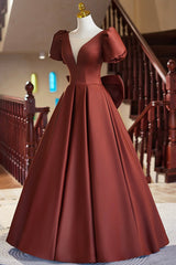 A-Line Satin Floor Length Prom Dresses, Elegant Short Sleeve Evening Party Dresses